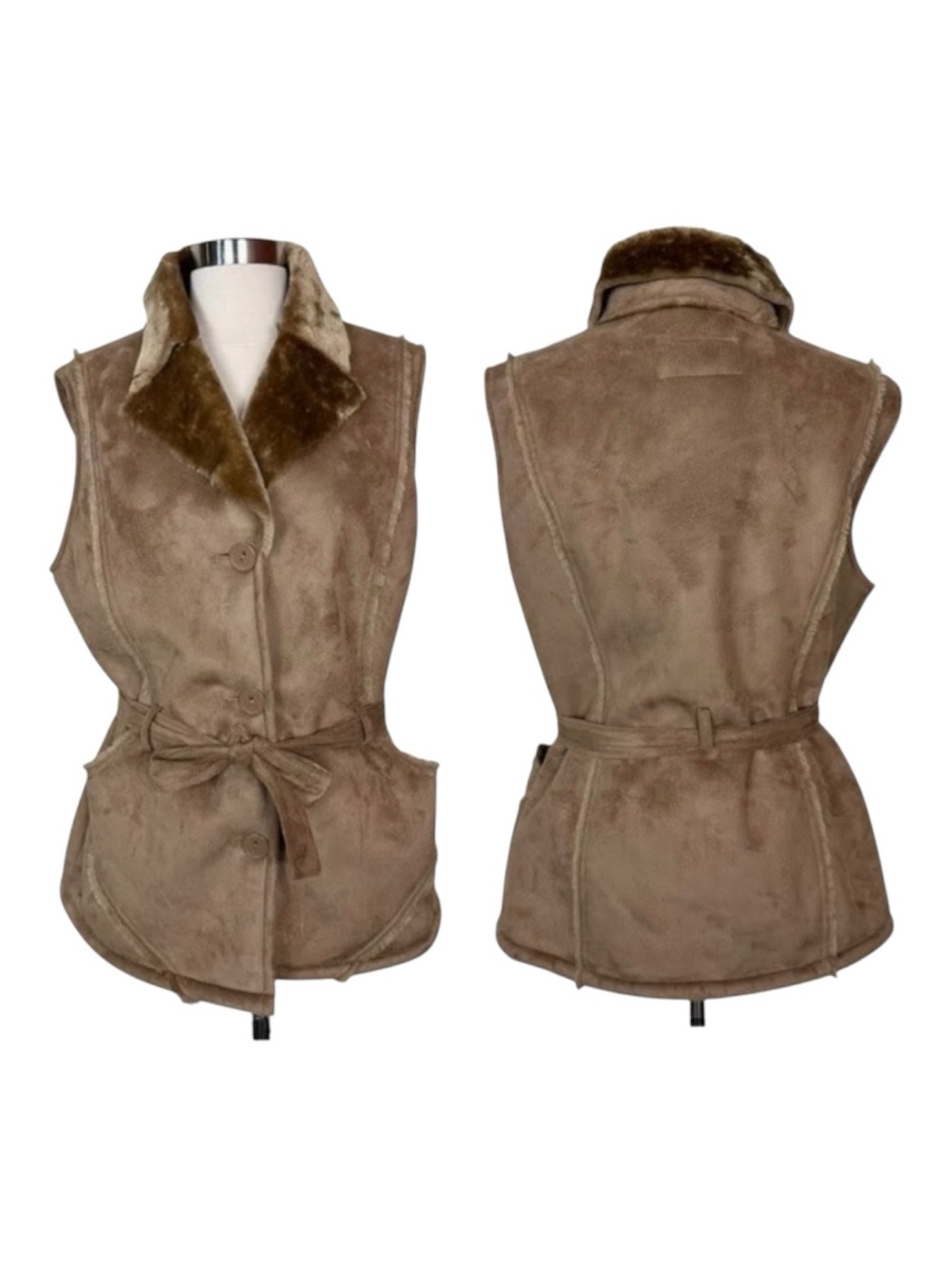 Ellen Tracy Suede Faux-Fur Trim Belted Vest Size XL